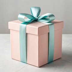 Obraz premium Delicate pastel pink gift box, beautifully adorned with a serene light blue ribbon, symbolizing the heartwarming surprise and swift joy of a thoughtful present, perfect for celebration