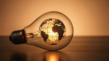 Innovative global puzzle inside glowing light bulb on wooden desk