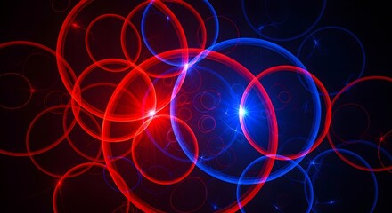 Vibrant abstract background featuring overlapping glowing rings in red and blue neon lights with lens flares on a dark backdrop for modern designs.