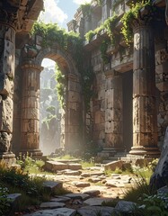 Overgrown ancient ruins with weathered stone columns and arches leading into a bright, hazy distance