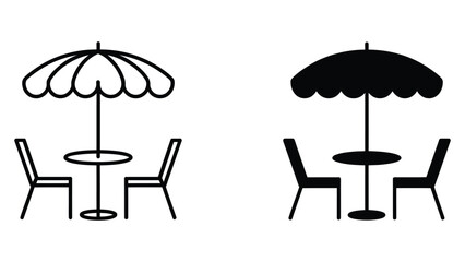 Fototapeta premium Outdoor cafe table and chairs icon set with umbrella showing restaurant seating concept in outline and solid style isolated on white background