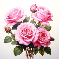 Pink roses display soft, delicate petals with green leaves on bare stems against a neutral background