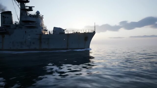Navy warship floats on calm ocean water at dawn with golden sunlight. Military destroyer anchored at sea reflects in water. Warship at sunrise on ocean. Navy vessel floats during dawn patrol.