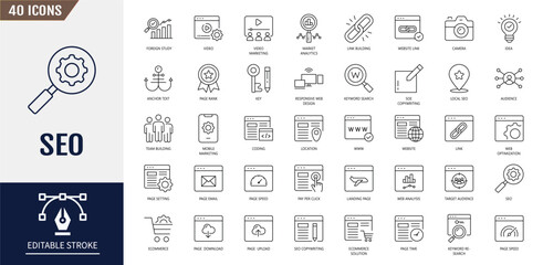 Seo icon set. Search Engine Optimization icon set. Business and marketing, traffic, ranking, optimization, link and keyword and more. Vector illustration