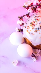 Pink hued view of eggs & frosted cake w/ sprinkles, plus flowering branch