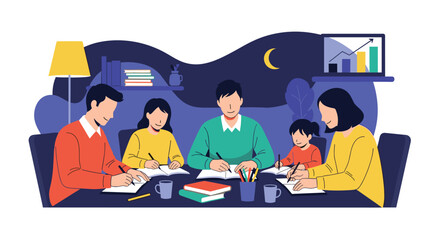 Happy family sits together around a table at night while children do their homework and parents offer guidance and support.