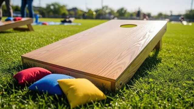 Wooden cornhole board with colorful bean bags on green grass. Outdoor lawn game close up on a sunny day. Summer recreation and leisure concept