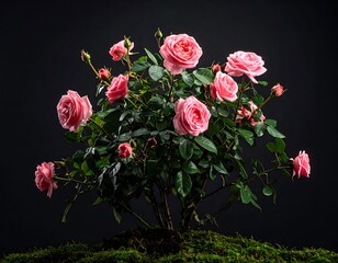 Pink roses in bloom, vibrant green leaves, & buds atop moss bed against a dark background