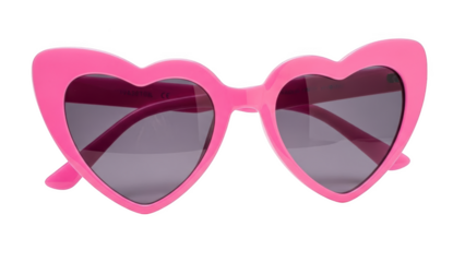 Bright pink heart shaped sunglasses with dark lenses on black background eyewear accessory
