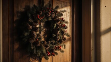 Festive Holiday Wreath Adorning a Wooden Door with Natural Light.