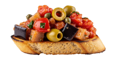 Bruschetta topping with eggplant tomatoes olives and capers on toasted bread image