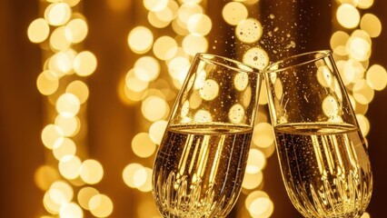 Two champagne glasses clinking in a toast against golden bokeh lights. Sparkling wine flutes with bubbles and splash. Celebration concept for New Year or Christmas party