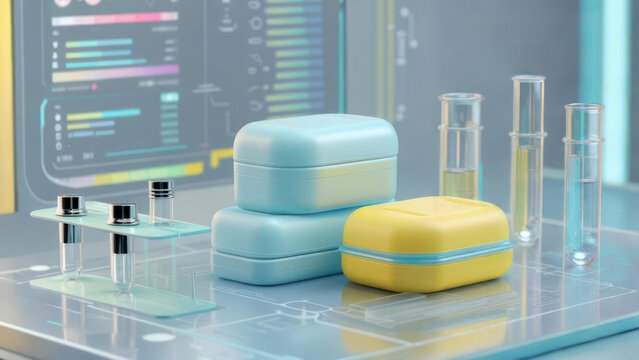Cosmetic product containers and vials arranged on a laboratory surface.