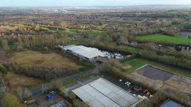 Top down aerial view of large data centre, advanced quantum computing and cloud storage. State of the Art technology futuristic, Milton Keynes, England UK.