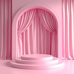 Pink scene with arched entrance, draped curtains, and tiered podium