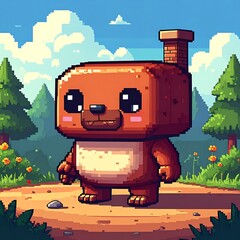 Pixelated bear-like figure with a chimney head stands on a path in a natural landscape