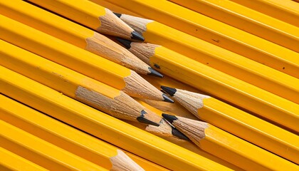 Pencils Diagonal pattern of new yellow pencils with exposed graphite points lying in a row