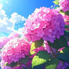 Pink hydrangea blooms against a vibrant blue sky with fluffy white clouds in an anime-inspired style