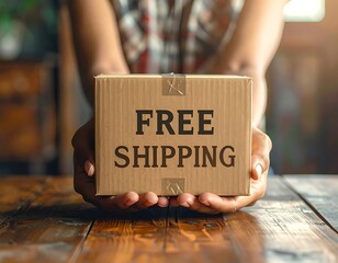 Person holding a brown box with "FREE SHIPPING" printed on it, placed on a wood surface, bathed in soft, warm light