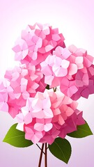 Pink hydrangea blossoms with geometric petals; soft light