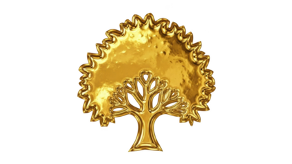 Golden tree symbol with ornate serrated edge on black background image