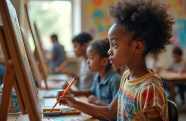 Young African American girl paints on canvas in an art class. Students learn creativity and skills in elementary school studio. Diverse children paint with brushes and acrylic colors.