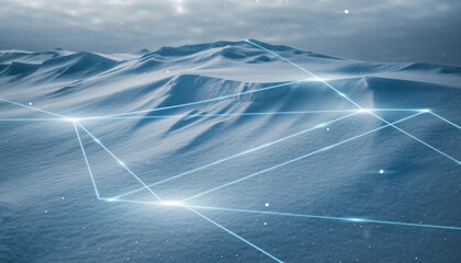 Futuristic network overlay on a snowy, icy landscape representing a digital connection or data stream