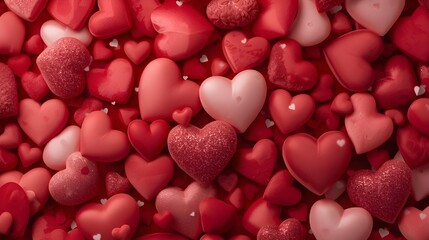 A colorful collection of red and pink heart shapes filling the frame