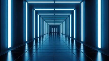 A futuristic, dark blue tunnel with glowing vertical and horizontal neon lights creating an endless perspective