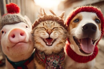 Cat, Dog, Pig Funny Portrait in Christmas Caps
