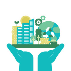Sustainable Urban Development and Green Economy in Human Hands. Cute and simple style illustration. growth. progress. corporate responsibility. sustainable business. ESG.
