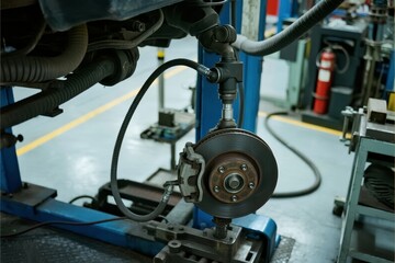 Fototapeta premium Close-up view of a vehicle's brake disc and caliper assembly during maintenance in a workshop