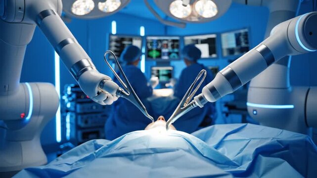 Robotic Surgery Procedure in Modern Operating Room with Surgical Robots Arms and Medical Team Performing Minimally Invasive Operation Healthcare Technology Future Medicine