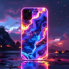 Phone case with neon-like abstract design, sits on a reflective surface, scenic landscape backdrop in purple and orange