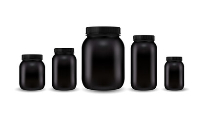 Black medicine bottle or jar mockup on a white background.. Vector realistic 3d illustration.