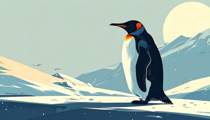 Penguin stands proudly against a polar landscape with snow-covered mountains and a sun shining