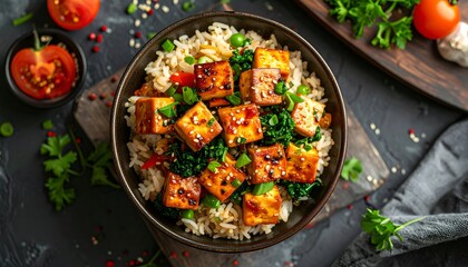 Bowl of rice topped with glazed tofu, green veggies, and garnish, on dark surface