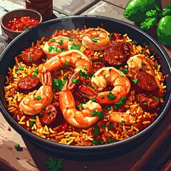 Overhead angle of jambalaya with shrimp and sausage, garnished with parsley and lime