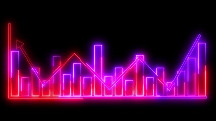glowing neon red and purple color business graph icon animation business report presentation growth bar chart line finance stock marketing success profit trend up and down arrow on black background - Powered by Adobe