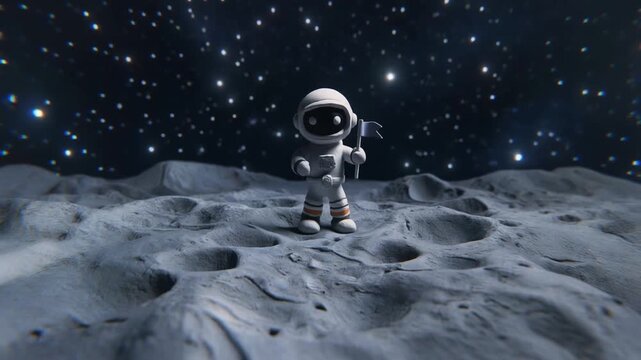 A charming animated astronaut stands on the moon's cratered surface beneath a vast, star-filled night sky, symbolizing the wonder of cosmic exploration and future discovery