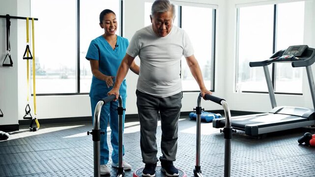 Senior Man Physical Therapy Rehabilitation Balance Training with Nurse in Modern Gym for Healthcare Wellness Recovery and Active Aging Stock Video Footage