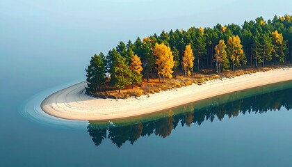Peninsula covered in trees with fall colors reflected in calm turquoise water, aerial view with beach