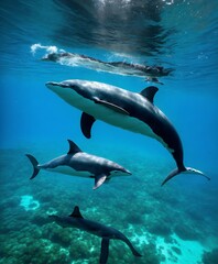 Obraz premium Group of Common Dolphins Swimming in Crystal Clear Blue Ocean Water