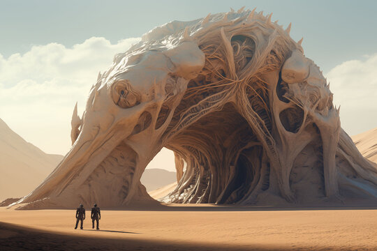 Detailed depictions of a colossal alien structure emerging from the desert.
