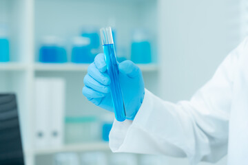 Scientist analyze biochemical sample in advanced scientific laboratory. Medical professional check chemical mix microbiological developmental of viral. Biotechnology research in science lab. cosmetic