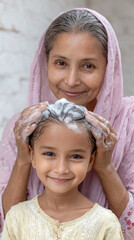 Indian people using shampoo, A joyful Indian child enjoys getting their hair shampooed, capturing a moment of happiness and care in a bright and vivid setting.