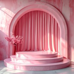 Pink steps and archway create a soft, elegant stage, complemented by flowers and natural light