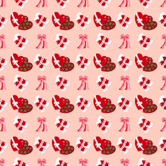Valentine Seamless Pattern with Heart Shaped Chocolate Boxes, Candies, and Pink Bows