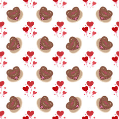 Valentine Seamless Pattern with Heart Shaped Chocolate Cakes and Red Balloons Illustration