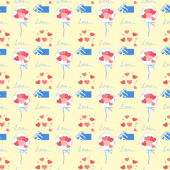 Valentine Seamless Pattern with Heart Balloons, Gift Boxes, and Love Handwriting on Yellow Background